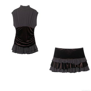 Women's Retro Velvet Chiffon Patchwork Two Piece Set Sleeveless Pleated High Neck Top and Layered Ruffle Mini Skirt Elegant Streetwear Party Outfit
