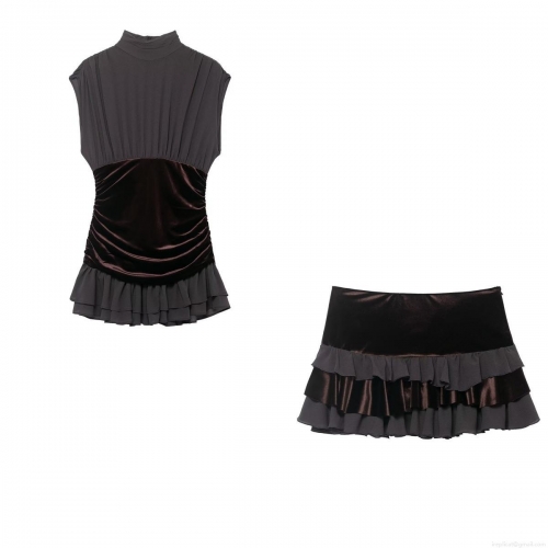Women's Retro Velvet Chiffon Patchwork Two Piece Set Sleeveless Pleated High Neck Top and Layered Ruffle Mini Skirt Elegant Streetwear Party Outfit