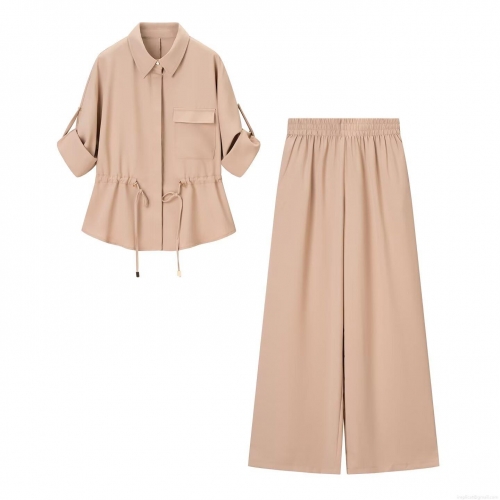 Women's Casual Two Piece Outfits Apricot Polyester Twill Shirt Top And Wide Leg Pants Set Street Style Drawstring Waist Co-ord Pants Suits For Women