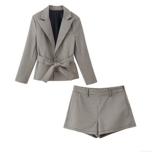 Women's Houndstooth Blazer and Shorts Set Two Piece Outfit with Belt Long Sleeve Notched Lapel Jacket High Waist Mini Shorts Casual European Fashion Streetwear Suits for Autumn Winter