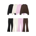 Women's 2 Piece Outfits Solid Color Polyester Zipper Jacket And High Waist Drawstring Flare Pants Set Casual Streetwear Autumn Winter Tracksuit
