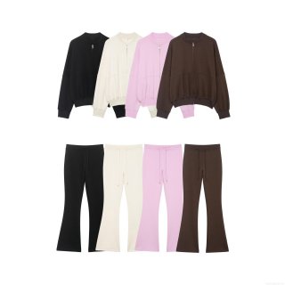 Women's 2 Piece Outfits Solid Color Polyester Zipper Jacket And High Waist Drawstring Flare Pants Set Casual Streetwear Autumn Winter Tracksuit