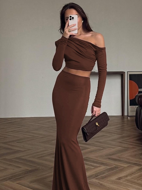 Women's Two Piece Skirt Set Long Sleeve Off Shoulder Crop Top High Waist Bodycon Maxi Skirt Sexy Elegant Solid Color Outfits