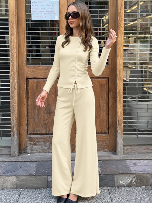 Women's Two-Piece Knitted Set Ribbed Long Sleeve Button-Up Top and Wide Leg Drawstring Pants Casual Lounge Wear Set Fall