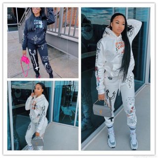 Women's Street Graffiti Printed Hoodie and Pants Set Polyester Spandex Long Sleeve Casual Two-Piece Sweatshirt Tracksuit For Autumn Winter