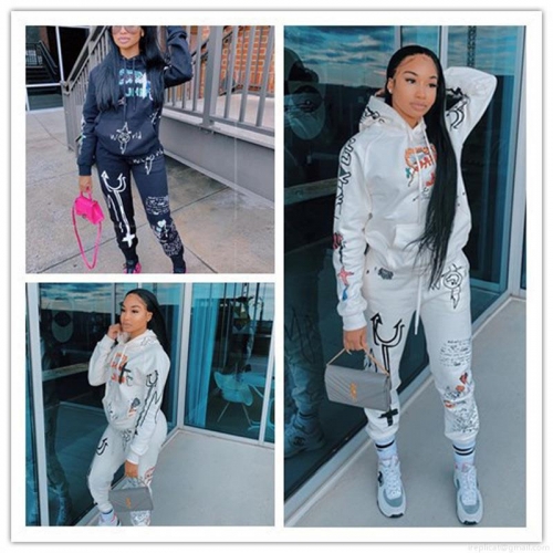 Women's Street Graffiti Printed Hoodie and Pants Set Polyester Spandex Long Sleeve Casual Two-Piece Sweatshirt Tracksuit For Autumn Winter