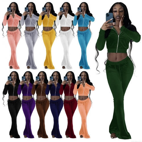 Women's 2 Piece Velvet Tracksuit Set Solid Color Long Sleeve Crop Zip Hoodie and High Waisted Flare Pants Slim Fit Lounge Outfit Sweatsuit for Women