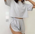Women's Casual Striped Two Piece Set Summer Short Sleeve Round Neck Crop Top And Side Slit Shorts Sporty Loungewear Soft Breathable Stretchy Outfit