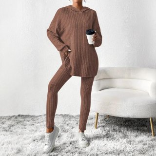 Plus Size Women's Ribbed Knit Two Piece Set Hooded Long Sleeve Top and High Waist Bodycon Pants Tracksuit Casual Loungewear Sweatsuit