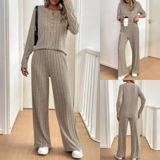 Women Plus Size Autumn Winter Ribbed Knit Two Piece Set Casual Button Long Sleeve Top and High Waist Wide Leg Pants Loungewear Co-ord Set Outfit