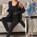 Women's 3-Piece Ribbed Knit Loungewear Set Plus Size Open Front Cardigan Tank Top And High Waist Pants Casual Home Suits For Autumn Winter