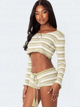 Women Striped Knit Polyester Two Piece Set Long Sleeve Round Neck Crop Top And Drawstring Shorts Sexy Ribbed Lounge Set For Summer Vacation Casual Outfit