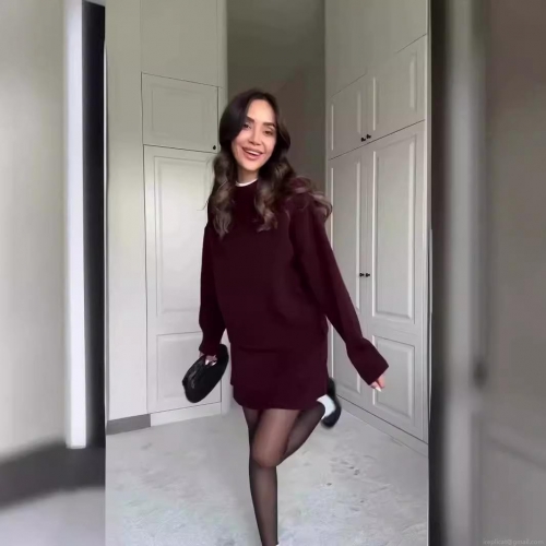 Women's Knitted Two Piece Set College Style Solid Color Long Sleeve Sweater And Mini Skirt Casual Fall Winter Outfit For Women