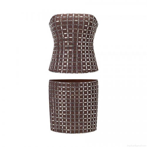 Women Sexy Rhinestone Two Piece Skirt Set Strapless Tube Top And Bodycon Mini Skirt Set Celebrity Party Outfits For Women Nightclub Wear
