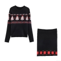 Women Christmas Knitted 2 Piece Skirt Set Long Sleeve Pullover Sweater And Argyle Jacquard Midi Skirt Elegant Sweet Holiday Party Outfit