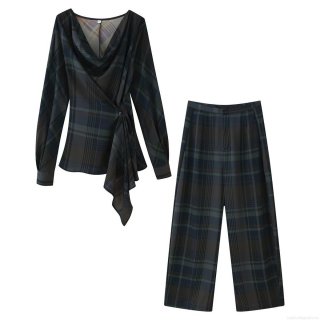 Women's Plaid Two Piece Set Draped Neck Asymmetric Hem Long Sleeve Top And Loose Straight Leg Pants Casual Fashion Plaid Outfits For Women
