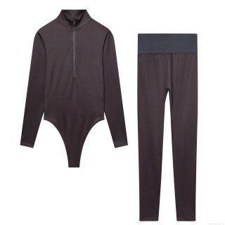 Women's 2-Piece Bodysuit and Leggings Set Polyester Spandex Printed Geometric Diamond Pattern Half Zipper Long Sleeve Bodycon Tracksuit for Daily Sports Casual Fashion Outfit