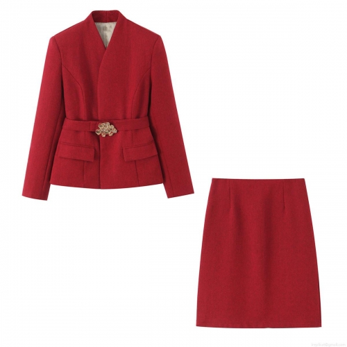 Women's 2 Piece Elegant Red Herringbone Woolen Blazer And Skirt Set With Gold Flower Buckle Belt For Office Professional Lady Workwear Outfits