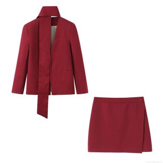 Women's 2 Piece Elegant Blazer Skirt Set Scarf Neck Long Sleeve Top Wrap Mini Skirt Solid Burgundy Polyester Spandex Office Suit Party Ensemble