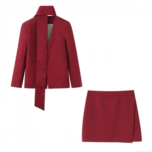 Women's 2 Piece Elegant Blazer Skirt Set Scarf Neck Long Sleeve Top Wrap Mini Skirt Solid Burgundy Polyester Spandex Office Suit Party Ensemble