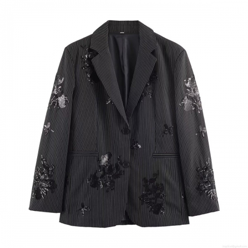 Elegant Women's Black Striped Suit Set With Sequin Flower Embroidery Polyester Spandex Long Sleeve Blazer And Wide Leg Pants Two-Piece Outfit For Office Party Commute