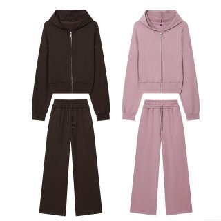 Women's 2 Piece Set Casual Cotton Blend Knit Zip Up Cropped Hooded Sweatshirt and High Waist Wide Leg Drawstring Pants Sport Loungewear