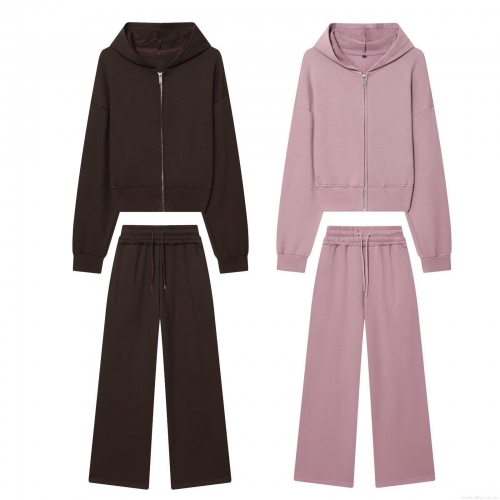 Women's 2 Piece Set Casual Cotton Blend Knit Zip Up Cropped Hooded Sweatshirt and High Waist Wide Leg Drawstring Pants Sport Loungewear