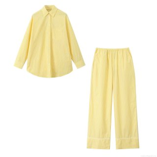 Women's Casual Yellow White Striped Shirt And Long Pants Set Summer Loose Pajama Style Long Sleeve Top Wide Leg Pants Loungewear Two Piece Set