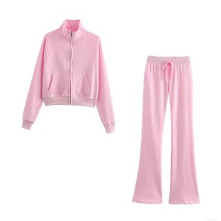 Women's Casual Knitted Sweatshirt And Flare Pants Set 85% Cotton Solid Color Stand Collar Zipper Hoodie High Waist Drawstring Sporty Loungewear Two-Piece Tracksuit