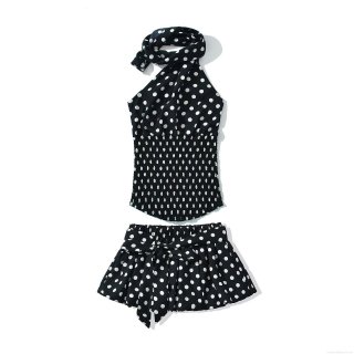 Polka Dot Halter Neck Top And Skirt Set 100% Polyester Ruched Smocking Two Piece Outfit For Women Summer Beach Party Sexy Sweet Style Sleeveless Clothing