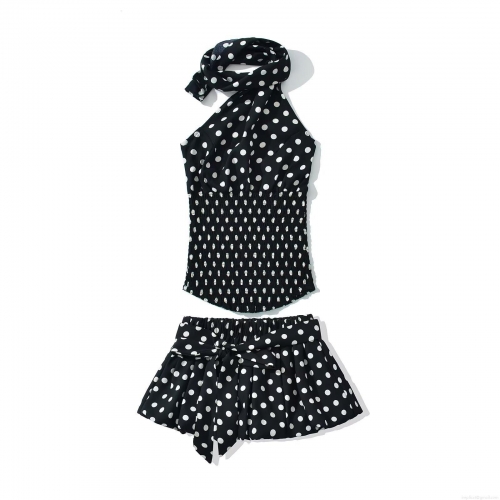 Polka Dot Halter Neck Top And Skirt Set 100% Polyester Ruched Smocking Two Piece Outfit For Women Summer Beach Party Sexy Sweet Style Sleeveless Clothing