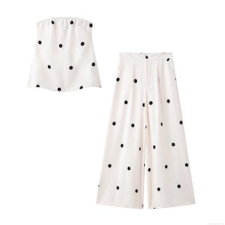 Women's Casual Polka Dot Two-Piece Set Fashion Bandeau Tube Top And Wide Leg Long Pants Spring Summer White Black Print Set For Women
