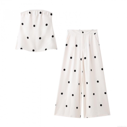 Women's Casual Polka Dot Two-Piece Set Fashion Bandeau Tube Top And Wide Leg Long Pants Spring Summer White Black Print Set For Women