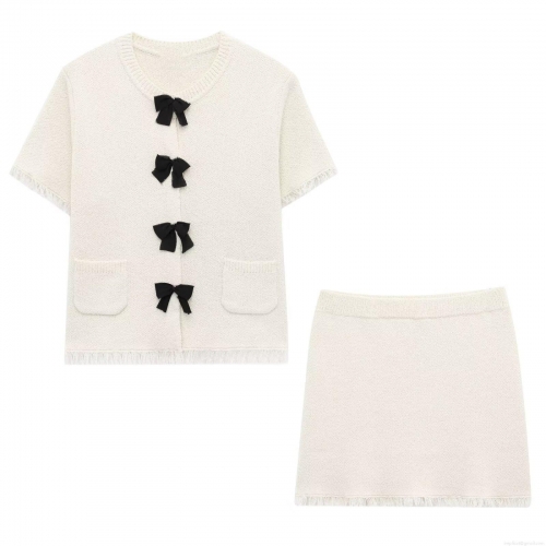Women Elegant Knit Two Piece Skirt Set Short Sleeve Bow Cardigan And Mini Tassel Skirt Cream White Chanel Style For Party Commute Women Outfits