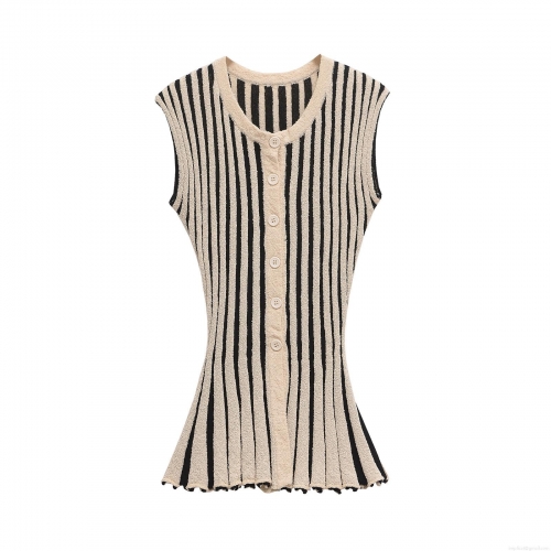 Women Striped Knit Two Piece Set Sleeveless Button Front Vest Top and High Waist Wide Leg Pants Casual Loungewear Outfit For Spring Summer