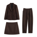 Women's Professional 3-Piece Suit Set Slim Fit Waisted Blazer High Waisted Wide Leg Pants And A-Line Skirt Dark Coffee Solid Color Business Office Lady Commuter Workwear Outfits