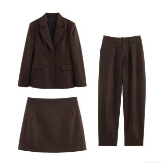 Women's Professional 3-Piece Suit Set Slim Fit Waisted Blazer High Waisted Wide Leg Pants And A-Line Skirt Dark Coffee Solid Color Business Office Lady Commuter Workwear Outfits