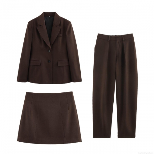 Women's Professional 3-Piece Suit Set Slim Fit Waisted Blazer High Waisted Wide Leg Pants And A-Line Skirt Dark Coffee Solid Color Business Office Lady Commuter Workwear Outfits