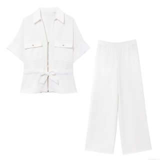 Women's Two Piece Set Short Sleeve Zipper Shirt and Wide Leg Pants With Bow Belt Casual Office Solid Color Crepe Fabric Outfit Trousers Suits For Ladies