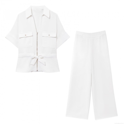 Women's Two Piece Set Short Sleeve Zipper Shirt and Wide Leg Pants With Bow Belt Casual Office Solid Color Crepe Fabric Outfit Trousers Suits For Ladies