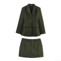 Women Elegant Olive Green Suit Skirt Set Long Sleeve Padded Shoulder Slim Fit Two Piece Blazer And Mini Skirt Set For Commuter Party Fashion Ladies Outfit