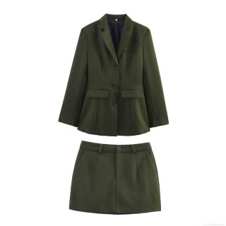 Women Elegant Olive Green Suit Skirt Set Long Sleeve Padded Shoulder Slim Fit Two Piece Blazer And Mini Skirt Set For Commuter Party Fashion Ladies Outfit