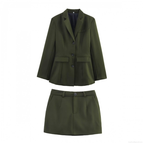Women Elegant Olive Green Suit Skirt Set Long Sleeve Padded Shoulder Slim Fit Two Piece Blazer And Mini Skirt Set For Commuter Party Fashion Ladies Outfit