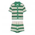 Women's Summer Casual Knitted Striped Polo Shirt And Shorts Two Piece Set Hollow Out Crochet Short Sleeve Top Breathable Vacation Outfit