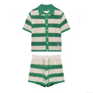 Women's Summer Casual Knitted Striped Polo Shirt And Shorts Two Piece Set Hollow Out Crochet Short Sleeve Top Breathable Vacation Outfit