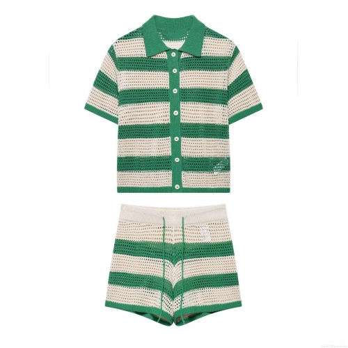 Women's Summer Casual Knitted Striped Polo Shirt And Shorts Two Piece Set Hollow Out Crochet Short Sleeve Top Breathable Vacation Outfit