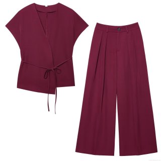 Women's Two Piece Outfits Casual V-Neck Short Sleeve Tie Waist Top And High Waist Wide Leg Suit Pants Set Summer Fashion Polyester Spandex Commuter Solid Color Trousers Outfits For Women