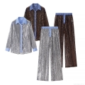 Women's Shiny Sequin Shirt Or Wide Leg Pants Casual Loose Long Sleeve Striped Patchwork Sparkly Two Piece Set Separates For Party Clubwear