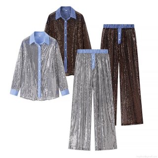 Women's Shiny Sequin Shirt Or Wide Leg Pants Casual Loose Long Sleeve Striped Patchwork Sparkly Two Piece Set Separates For Party Clubwear