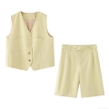 Women's 2-Piece Vest Shorts Set Elegant V-Neck Sleeveless Single-Breasted Blazer Waistcoat And High Waist Wide Leg Shorts Solid Color Commuting Suit For Summer Office Casual Lady